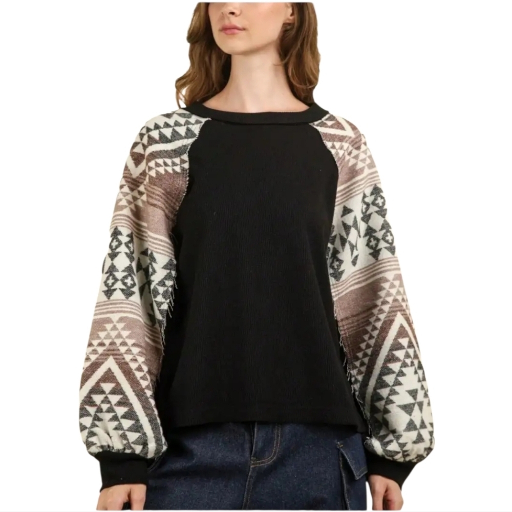 🌻25.Mary J. Bohemian Baloon Geometric Sleeve Thermal Sweater In Black